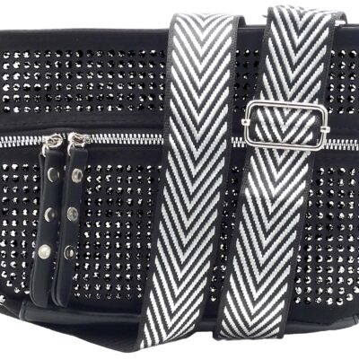 DAMSKA SASZETKA NERKA BAG NA RAMIĘ CYRKONIE PASEK CZARNA GLAMOUR