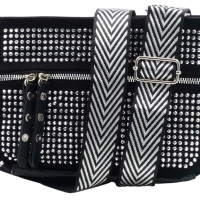 DAMSKA SASZETKA NERKA BAG NA RAMIĘ CYRKONIE PASEK CZARNA GLAMOUR