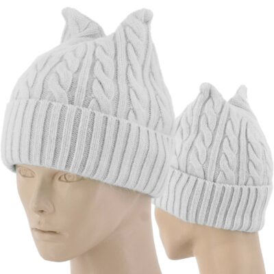 CIEPŁA CZAPKA DAMSKA KOCIE USZKA DZIANINA BIAŁA