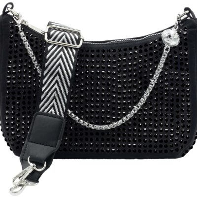 DAMSKA SASZETKA NERKA BAG NA RAMIĘ  CYRKONIE PASEK CZARNA GLAMOUR