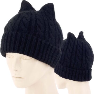 CIEPŁA KOBIECA CZAPKA KOCIE USZKA DZIANA CZARNA