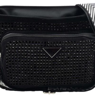 DAMSKA SASZETKA NERKA BAG NA RAMIĘ DWIE KOMORY CYRKONIE PASEK CZARNA GLAMOUR