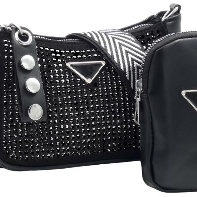 DAMSKA SASZETKA NERKA BAG NA RAMIĘ Z PORTFELIKIEM CEKINY PASEK CZARNA