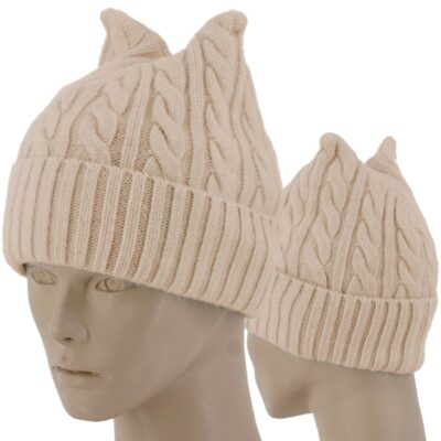 CIEPŁA CZAPKA DAMSKA KOCIE USZKA DZIANA BEŻOWA