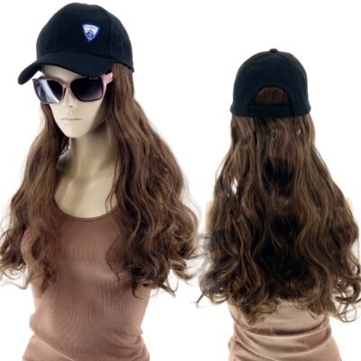 DAMSKA CZAPKA Z DASZKIEM I PERUKĄ  WŁOSY DŁUGOŚĆ 40CM BRĄZOWE KRĘCONE