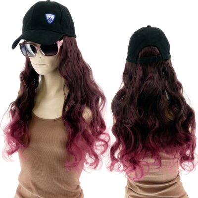 DAMSKA CZAPKA Z DASZKIEM I PERUKĄ REGULOWANY PASEK WŁOSY DŁUGOŚĆ 40CM BRĄZ