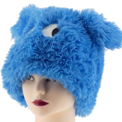 CIEPŁA ZIMOWA CZAPKA KOBIECA Z FUTERKIEM ECO NIEBIESKA MORDKA DUŻE OCZY