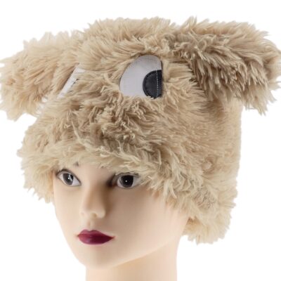 CIEPŁA ZIMOWA CZAPKA KOBIECA Z FUTERKIEM ECO ECRU MORDKA DUŻE OCZY NA STOK