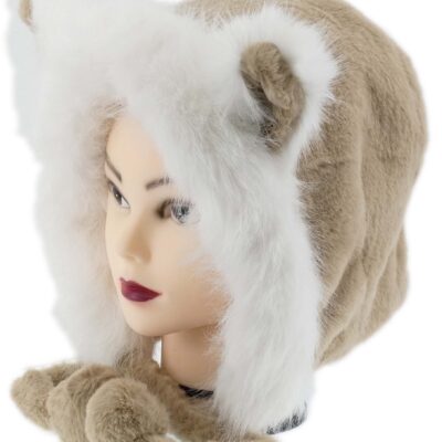 CIEPŁA ZIMOWA CZAPKA KOBIECA Z FUTERKIEM ECO BRĄZOWA KOTKI USZKA POMPONY