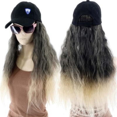 DAMSKA CZAPKA Z DASZKIEM I PERUKĄ REGULOWANY PASEK WŁOSY DŁUGOŚĆ 40CM SZARY