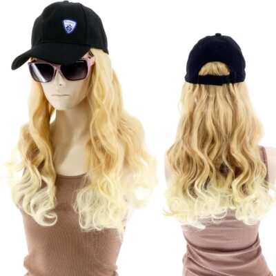 DAMSKA CZAPKA Z DASZKIEM I PERUKĄ  WŁOSY DŁUGOŚĆ 40CM JASNY BLOND KRĘCONE