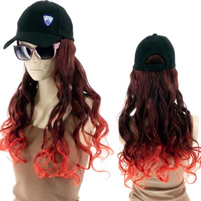 DAMSKA CZAPKA Z DASZKIEM I PERUKĄ REGULOWANY PASEK WŁOSY DŁUGOŚĆ 40CM BRĄZ