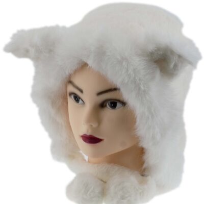 CIEPŁA ZIMOWA CZAPKA KOBIECA Z FUTERKIEM BIAŁA KOTKI KOCIE USZKA POMPONY