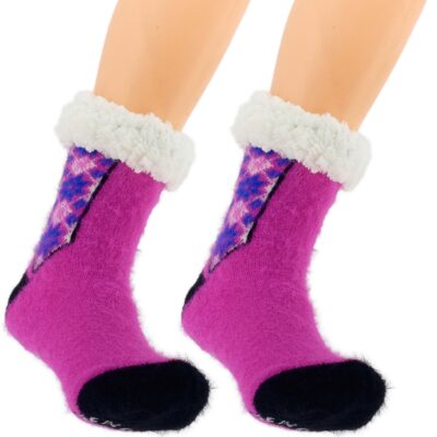 CIEPŁE DAMSKIE SKARPETY ZIMOWE Z MISIEM ANTYPOŚLIZGOWE KAPCIE 36-41 RÓŻOWE