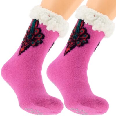CIEPŁE DAMSKIE SKARPETY ZIMOWE Z MISIEM ABS GÓRALSKIE KAPCIE 36-41 RÓŻ