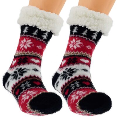 CIEPŁE DAMSKIE SKARPETY ZIMOWE Z MISIEM ABS NORWESKIE KAPCIE 36-41 CZERWONE