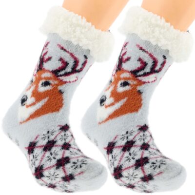 CIEPŁE DAMSKIE SKARPETY ZIMOWE Z MISIEM ABS JELONKI KAPCIE 36-41 SELEDYN