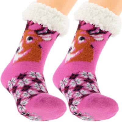 CIEPŁE DAMSKIE SKARPETY ZIMOWE Z MISIEM ABS JELONKI KAPCIE 36-41 RÓŻOWE