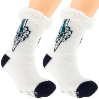 CIEPŁE DAMSKIE SKARPETY ZIMOWE Z MISIEM ABS GÓRALSKIE KAPCIE 36-41 BIAŁE