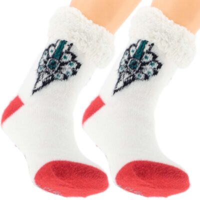 CIEPŁE DAMSKIE SKARPETY ZIMOWE Z MISIEM ABS GÓRALSKIE KAPCIE 36-41 BIAŁE