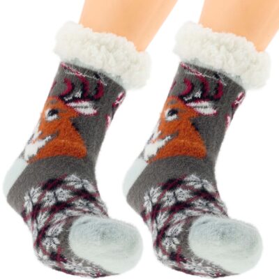 CIEPŁE DAMSKIE SKARPETY ZIMOWE Z MISIEM ABS JELONKI KAPCIE 36-41 SZARE