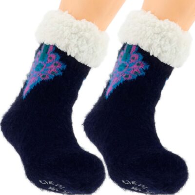 CIEPŁE DAMSKIE SKARPETY ZIMOWE Z MISIEM ABS GÓRALSKIE KAPCIE 36-41 GRANATOW