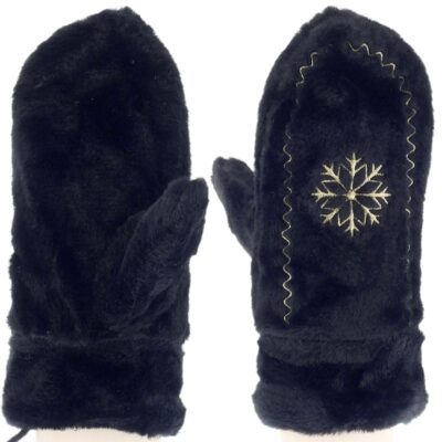 DAMSKIE ZIMOWE RĘKAWICZKI NIEZGUBKI NA SZNURKU Z HAFTEM CZARNE