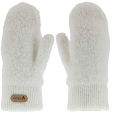 DAMSKIE JEDNOPALCZASTE ZIMOWE RĘKAWICZKI CIEPŁE ZE ŚCIAGACZEM BIAŁE