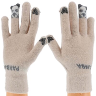 RĘKAWICZKI DAMSKIE CIEPŁE PIĘCIOPALCZASTE DOTYKOWE PANDA BEŻOWE