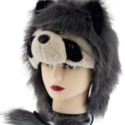 ZABAWNA CIEPŁA ZIMOWA CZAPKA KOBIECA Z FUTERKIEM MORDKA MIŚ POMPONY SZARA