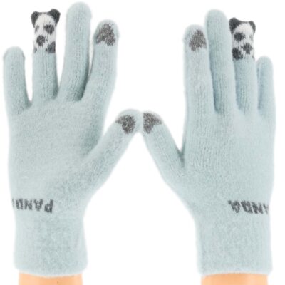 RĘKAWICZKI DAMSKIE CIEPŁE PIĘCIOPALCZASTE DOTYKOWE PANDA NIEBIESKIE