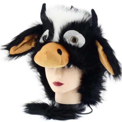 ZABAWNA CIEPŁA ZIMOWA CZAPKA KOBIECA Z FUTERKIEM MORDKA KROWA POMPONY CZERŃ