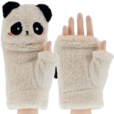 DAMSKIE ZIMOWE RĘKAWICZKI MITENKI ZABAWNE MORDKI MISIU BEŻOWE