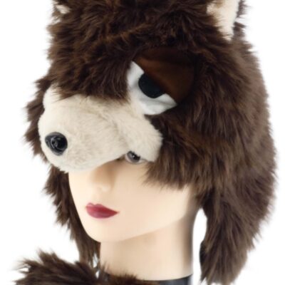 ZABAWNA CIEPŁA ZIMOWA CZAPKA KOBIECA Z FUTERKIEM MORDKA WILCZEK BRĄZOWY