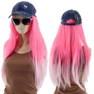 DAMSKA CZAPKA Z DASZKIEM PERUKĄ DŁUGIE PROSTE WŁOSY DŁUGOŚĆ 40CM RÓŻOWY