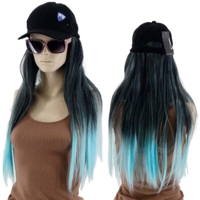 DAMSKA CZAPKA Z DASZKIEM PERUKĄ DŁUGIE PROSTE WŁOSY DŁUGOŚĆ 40CM NIEBIESKI