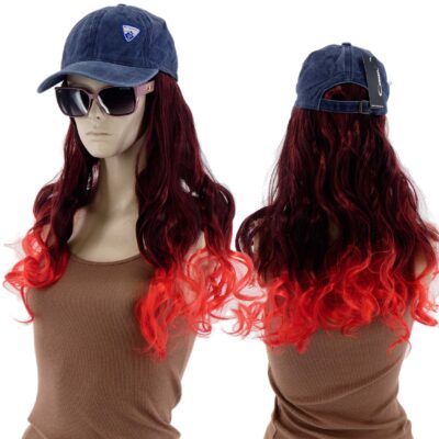 DAMSKA CZAPKA Z DASZKIEM PERUKĄ DŁUGIE KRĘCONE WŁOSY DŁUGOŚĆ 40CM CZERWONY