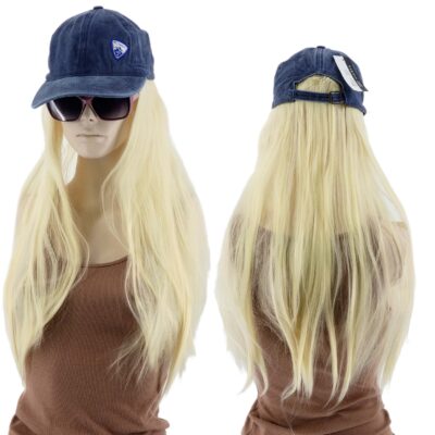 DAMSKA CZAPKA Z DASZKIEM PERUKĄ DŁUGIE PROSTE WŁOSY DŁUGOŚĆ 40CM BLOND