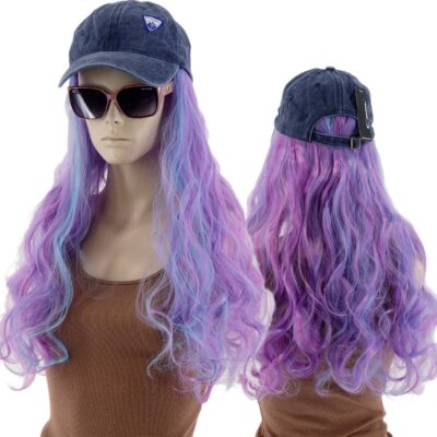 DAMSKA CZAPKA Z DASZKIEM PERUKĄ DŁUGIE KRĘCONE WŁOSY DŁUGOŚĆ 40CM FIOLET