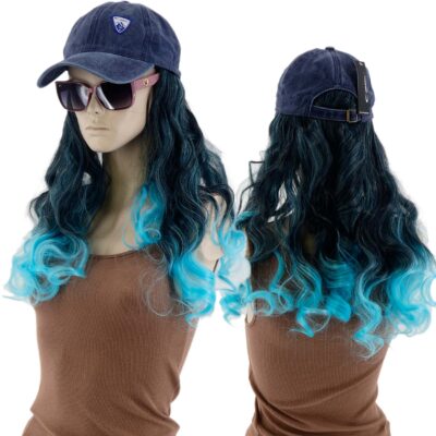DAMSKA CZAPKA Z DASZKIEM PERUKĄ DŁUGIE PROSTE WŁOSY DŁUGOŚĆ 40CM NIEBIESKI