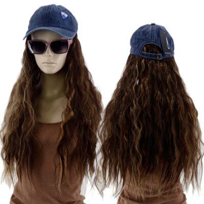 DAMSKA CZAPKA Z DASZKIEM PERUKĄ DŁUGIE KRĘCONE WŁOSY DŁUGOŚĆ 40CM BRĄZOWE