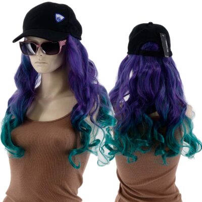 DAMSKA CZAPKA Z DASZKIEM PERUKĄ DŁUGIE KRĘCONE WŁOSY DŁUGOŚĆ 40CM FIOLET